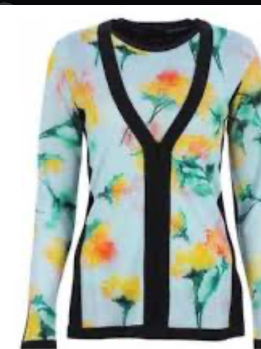 Escada Light Blue Floral V-Neck Cardigan with Black Trim
